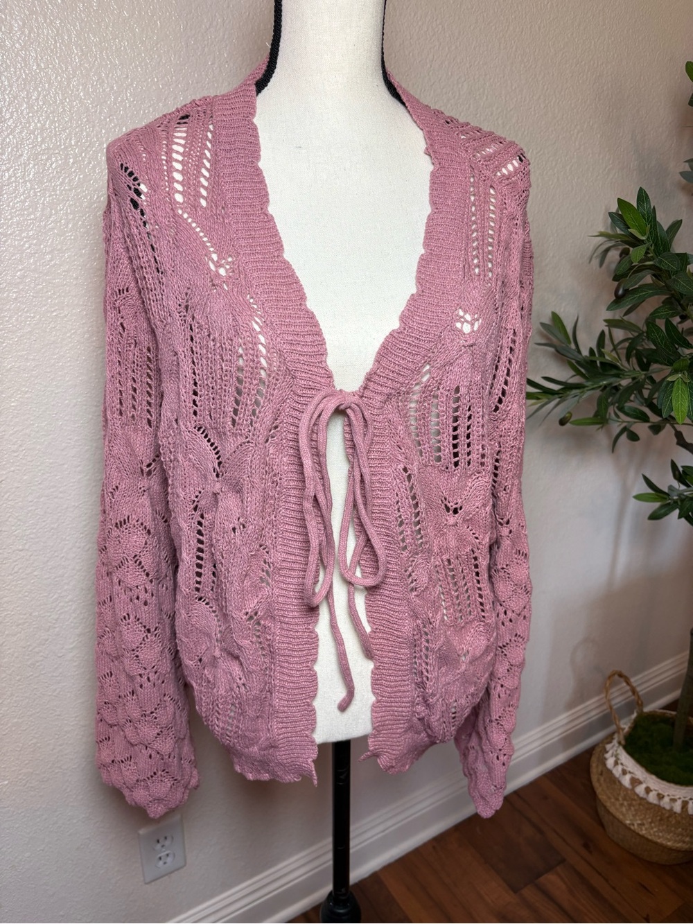 Dusty Pink Open-Knit Tie-Front Cardigan